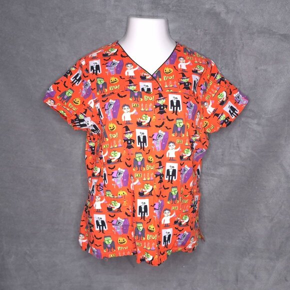 Halloween-Themed ScrubStar Womens Scrub Top L Orange Cartoon Monsters Print - Picture 2 of 5